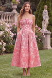 Hot Pink Jacquard Strapless Midi Wedding Guest Dress