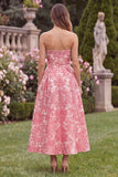 Hot Pink Jacquard Strapless Midi Wedding Guest Dress