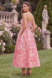 Hot Pink Jacquard Strapless Midi Wedding Guest Dress