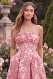 Hot Pink Jacquard Strapless Midi Wedding Guest Dress
