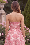Hot Pink Jacquard Strapless Midi Wedding Guest Dress