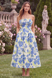 Blue Ruched Strapless Floral Wedding Guest Dress