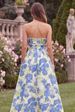 Blue Ruched Strapless Floral Wedding Guest Dress