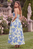 Blue Ruched Strapless Floral Wedding Guest Dress