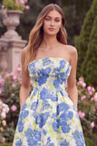 Blue Ruched Strapless Floral Wedding Guest Dress