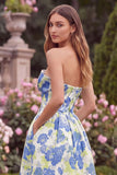 Blue Ruched Strapless Floral Wedding Guest Dress