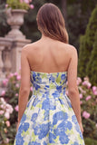 Blue Ruched Strapless Floral Wedding Guest Dress
