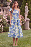 One Shoulder Jacquard Blue Midi Wedding Guest Dress