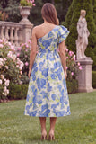 One Shoulder Jacquard Blue Midi Wedding Guest Dress