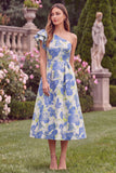 One Shoulder Jacquard Blue Midi Wedding Guest Dress