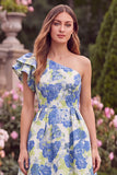 One Shoulder Jacquard Blue Midi Wedding Guest Dress