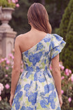 One Shoulder Jacquard Blue Midi Wedding Guest Dress