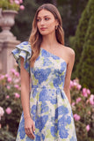One Shoulder Jacquard Blue Midi Wedding Guest Dress