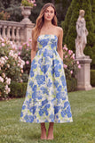 Strapless A Line Blue Floral Wedding Guest Dress