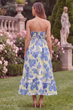 Strapless A Line Blue Floral Wedding Guest Dress