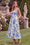 Strapless A Line Blue Floral Wedding Guest Dress