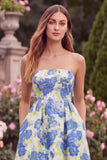 Strapless A Line Blue Floral Wedding Guest Dress