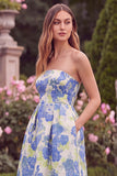 Strapless A Line Blue Floral Wedding Guest Dress