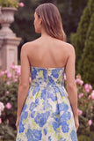 Strapless A Line Blue Floral Wedding Guest Dress