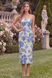 Blue Sheath Strapless Midi Wedding Guest Dress with Slit