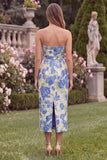 Blue Sheath Strapless Midi Wedding Guest Dress with Slit