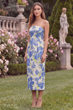 Blue Sheath Strapless Midi Wedding Guest Dress with Slit