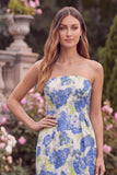 Blue Sheath Strapless Midi Wedding Guest Dress with Slit