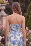 Blue Sheath Strapless Midi Wedding Guest Dress with Slit