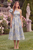 One Shoulder Light Blue Jacquard Midi Wedding Guest Dress