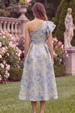 One Shoulder Light Blue Jacquard Midi Wedding Guest Dress