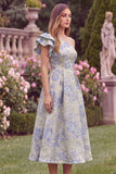 One Shoulder Light Blue Jacquard Midi Wedding Guest Dress