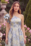 One Shoulder Light Blue Jacquard Midi Wedding Guest Dress