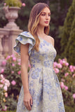 One Shoulder Light Blue Jacquard Midi Wedding Guest Dress