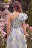 One Shoulder Light Blue Jacquard Midi Wedding Guest Dress