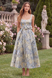 Light Blue A Line Jacquard Square Neck Wedding Guest Dress with Pockets