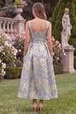 Light Blue A Line Jacquard Square Neck Wedding Guest Dress with Pockets