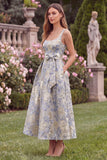 Light Blue A Line Jacquard Square Neck Wedding Guest Dress with Pockets