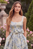 Light Blue A Line Jacquard Square Neck Wedding Guest Dress with Pockets