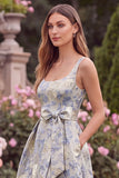 Light Blue A Line Jacquard Square Neck Wedding Guest Dress with Pockets