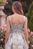 Light Blue A Line Jacquard Square Neck Wedding Guest Dress with Pockets