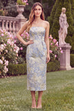Strapless Light Blue Sheath Jacquard Wedding Guest Dress with Slit