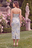 Strapless Light Blue Sheath Jacquard Wedding Guest Dress with Slit