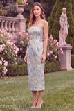 Strapless Light Blue Sheath Jacquard Wedding Guest Dress with Slit