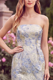 Strapless Light Blue Sheath Jacquard Wedding Guest Dress with Slit