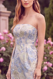Strapless Light Blue Sheath Jacquard Wedding Guest Dress with Slit