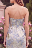 Strapless Light Blue Sheath Jacquard Wedding Guest Dress with Slit