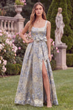 Jacquard Light Blue Square Neck Wedding Guest Dress with Slit