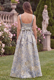 Jacquard Light Blue Square Neck Wedding Guest Dress with Slit