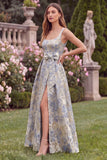 Jacquard Light Blue Square Neck Wedding Guest Dress with Slit