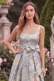 Jacquard Light Blue Square Neck Wedding Guest Dress with Slit